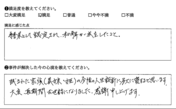 認定され和解が成立したことに満足しています