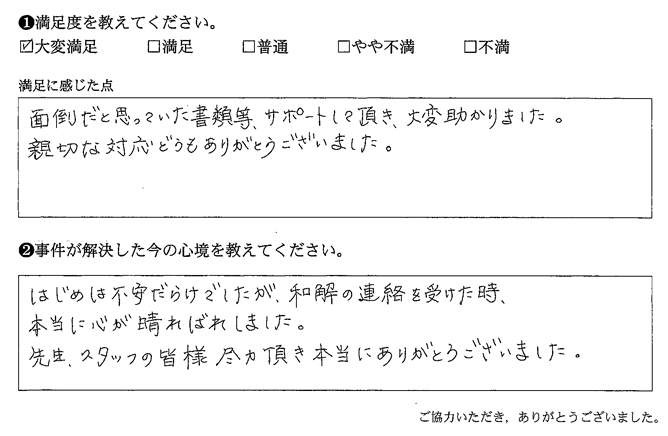 面倒だと思っていた書類等、サポートして頂き、大変助かりました