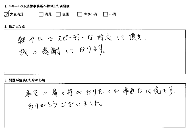 細やかでスピーディな対応して頂き、誠に感謝しております