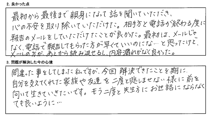 親身になって話を聞いていただき、心の不安を取り除いていただけた